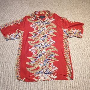 Silk Traders Hawaiian Shirt Mens XL Red Silk Beach Floral Resort Button Up